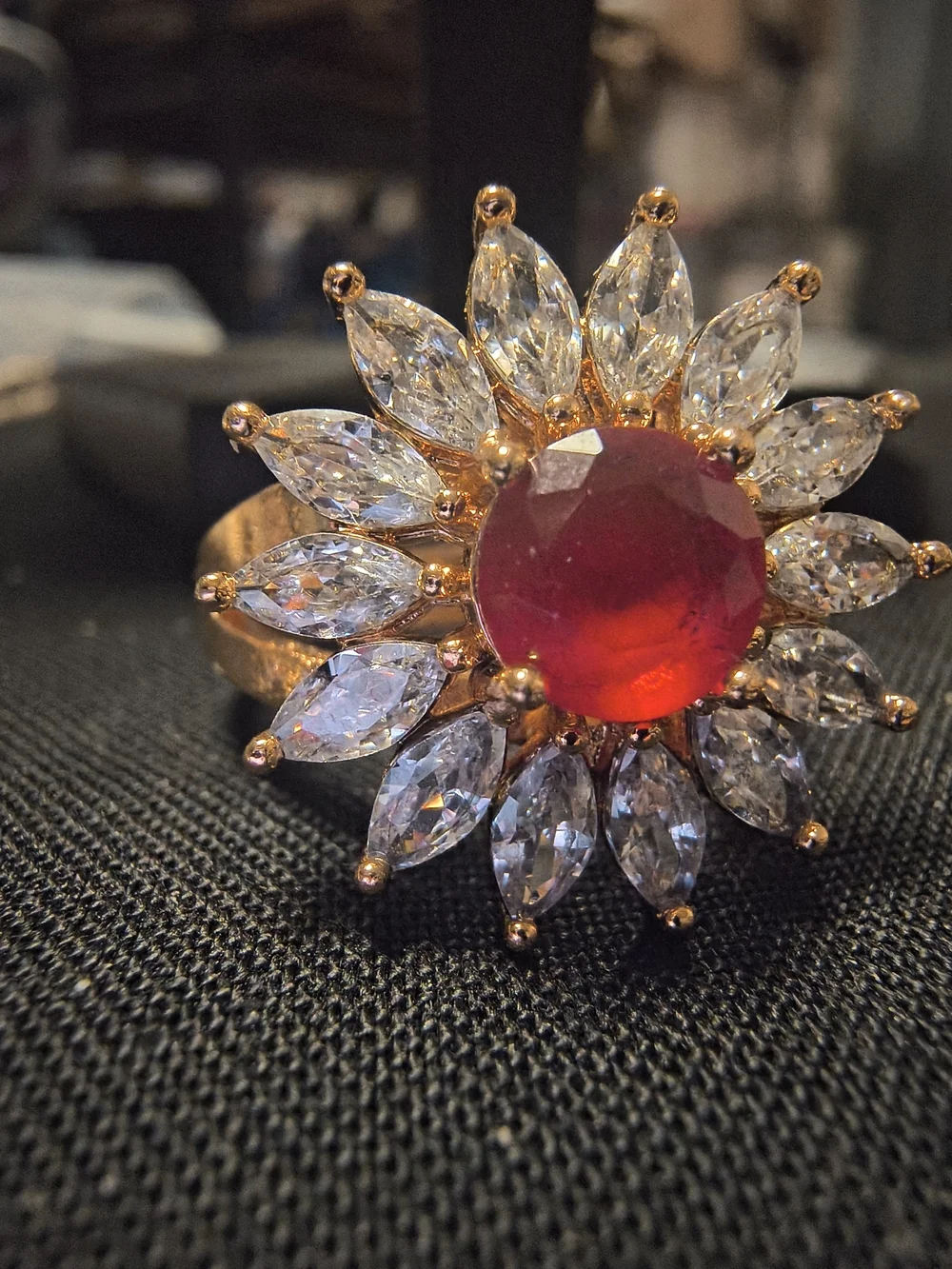 Gold Floral Ring with Red Center and Clear Crystal Petals